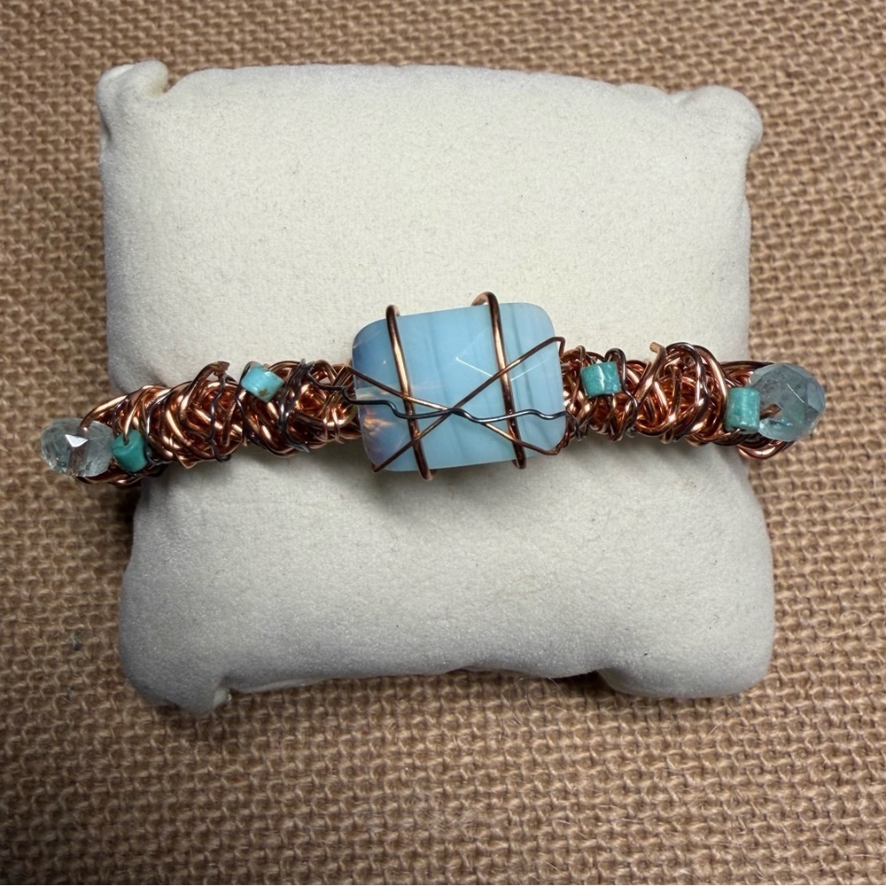 NWT Handcrafted Copper Wire Wrapped Adjustable Cuff with Calcedony and Turquoise